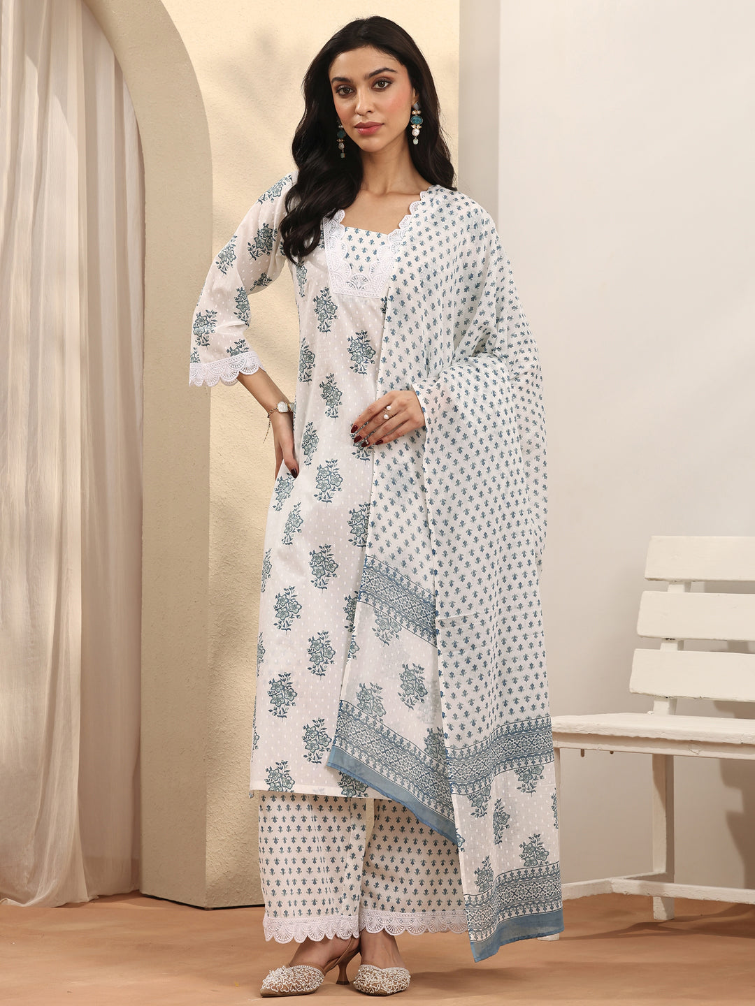 Off White Printed Cotton Straight Suit Set With Dupatta