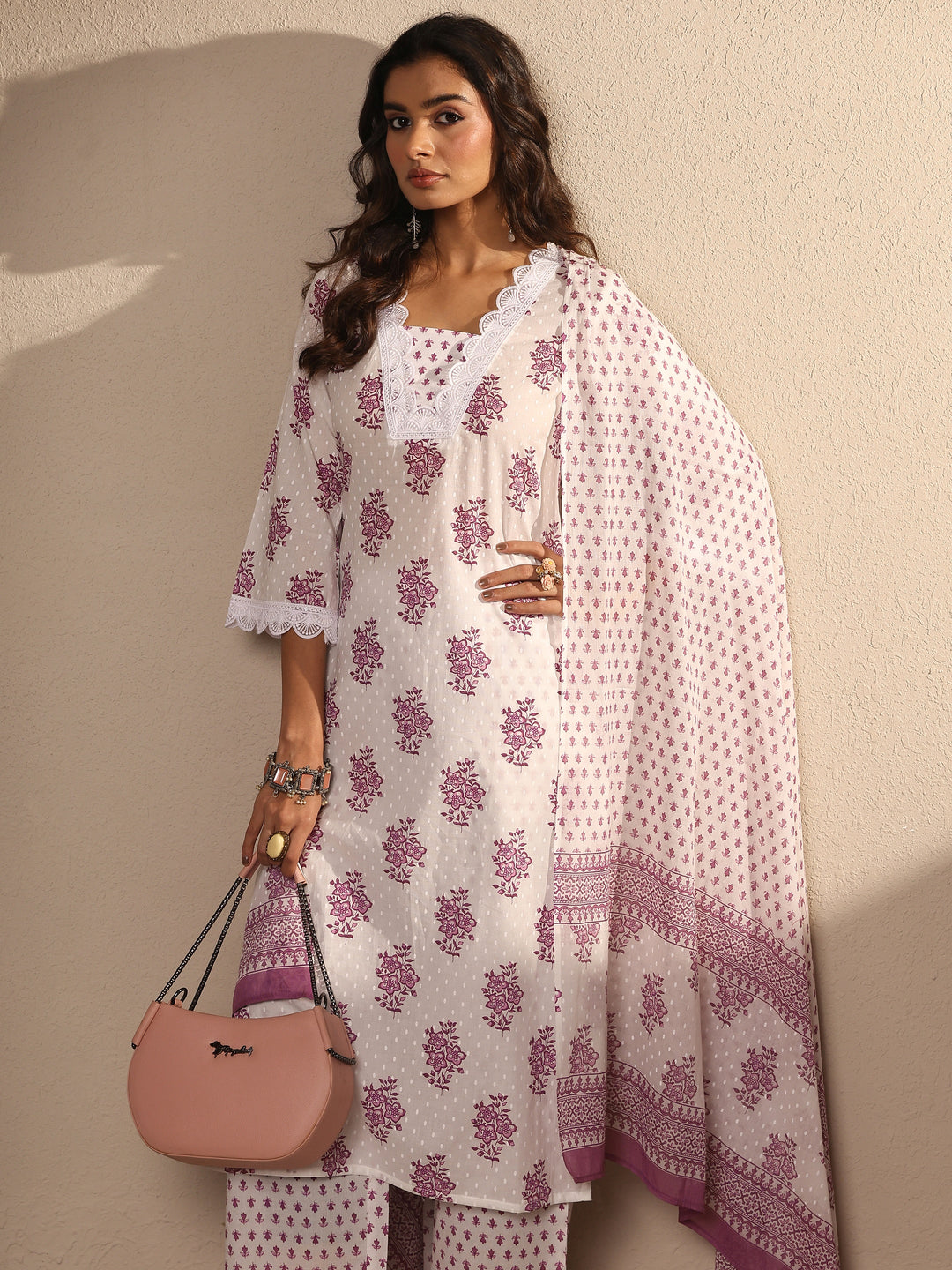 Off White Printed Cotton Straight Suit Set With Dupatta