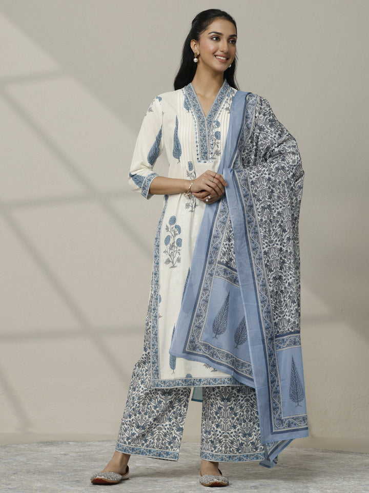Off white Printed Cotton Straight Suit Set With Dupatta