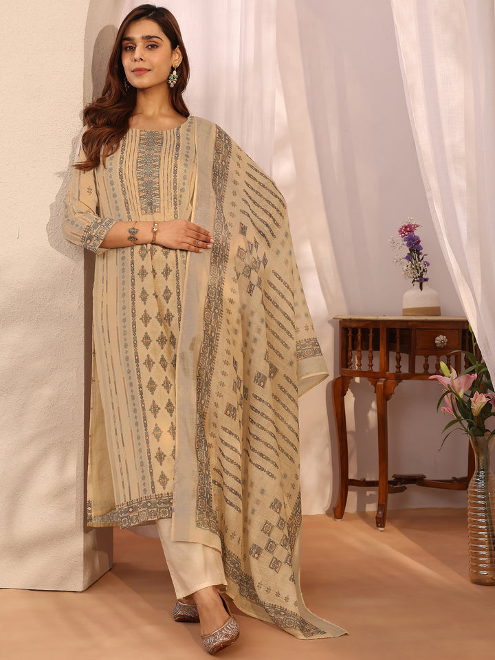 Off White Printed Linen Straight Suit Set With Dupatta