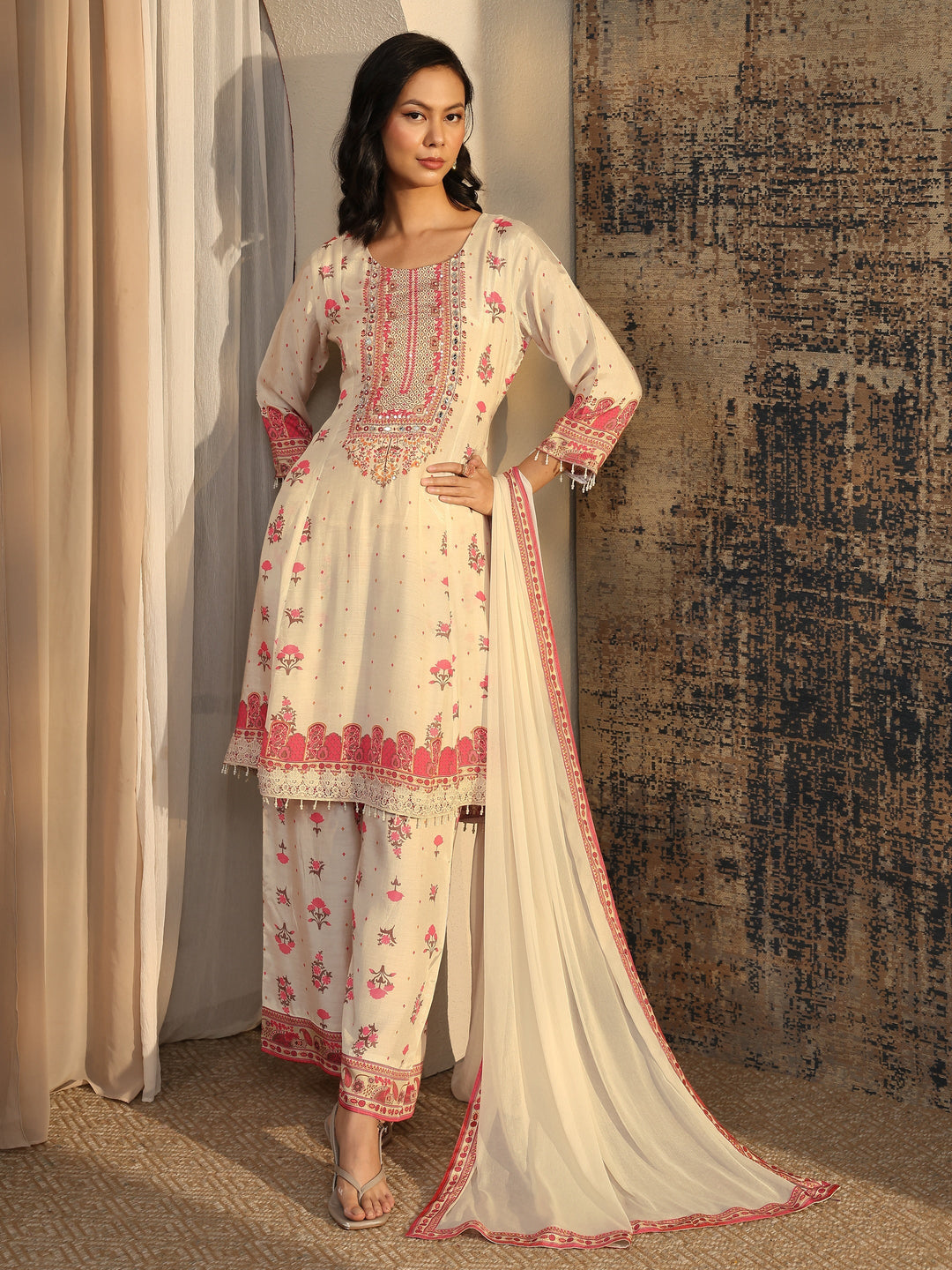 Off White Printed Muslin A-Line Suit Set With Dupatta