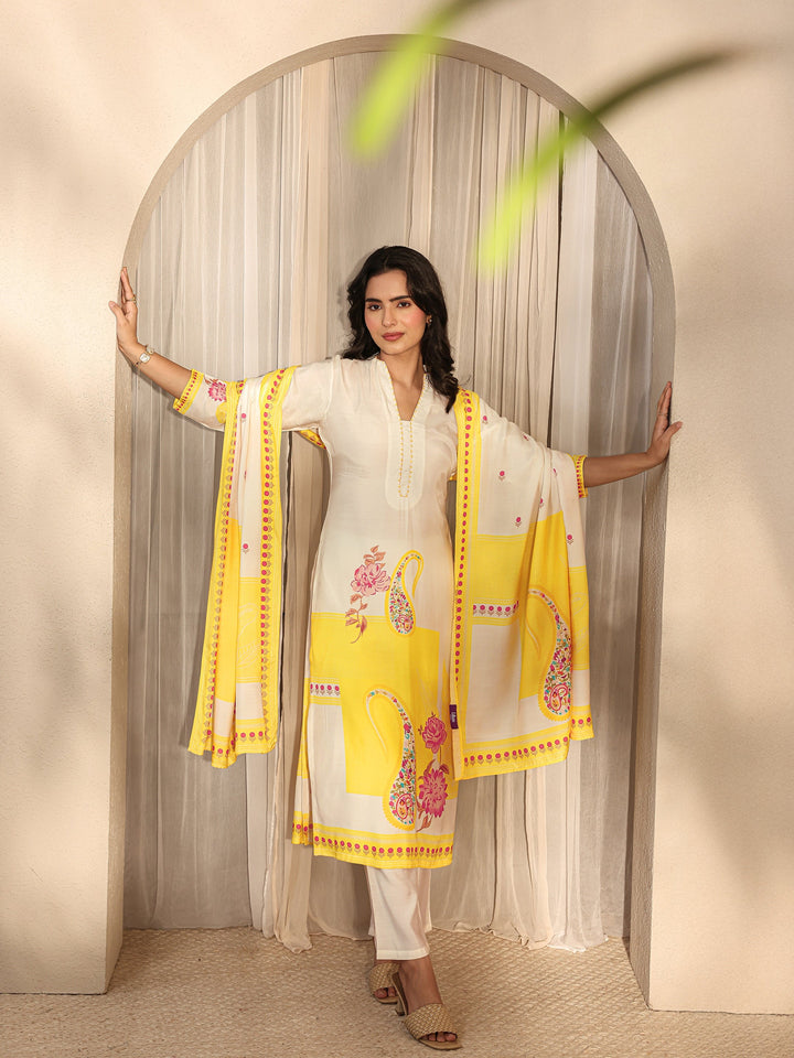 Off White Printed Muslin Straight Suit Set With Dupatta