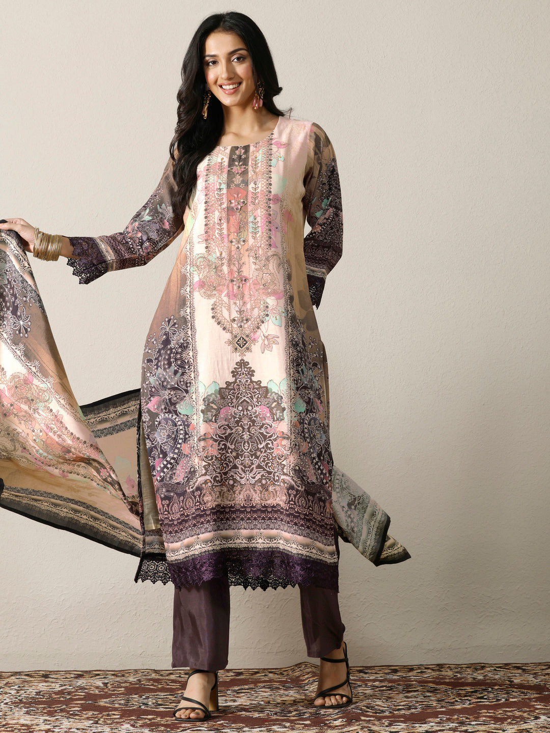 Off White Printed Muslin Straight Suit Set With Dupatta