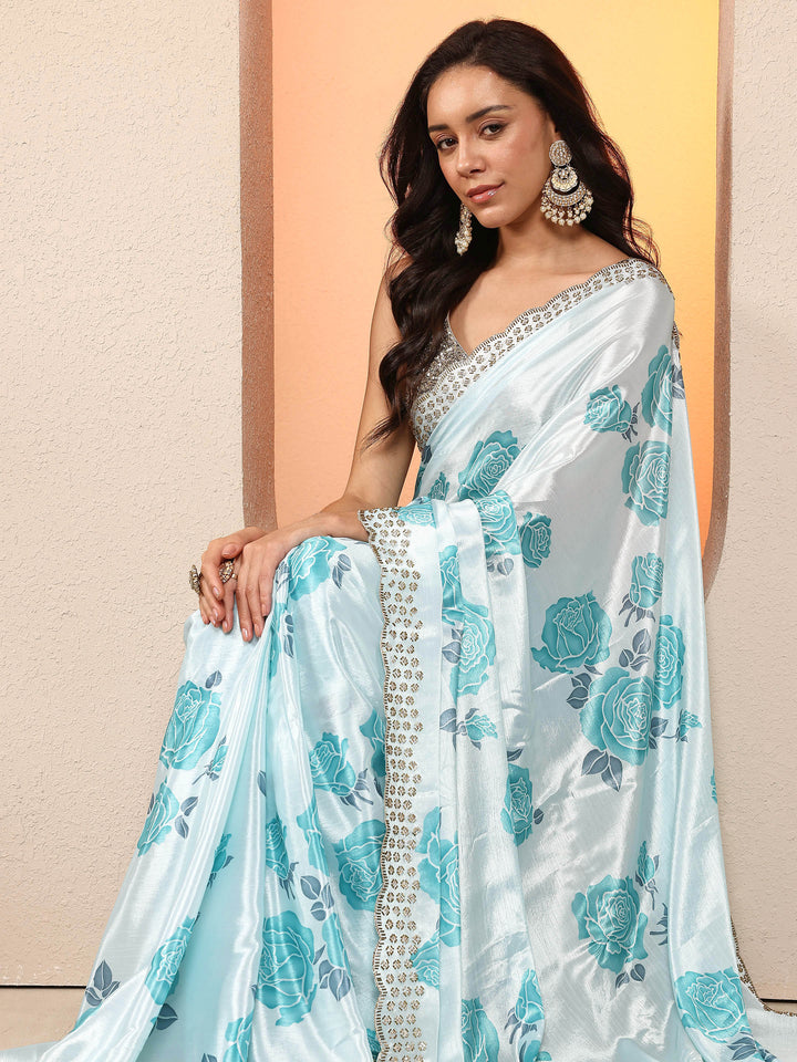 Off White Printed Silk Blend Saree With Unstitched Blouse Piece