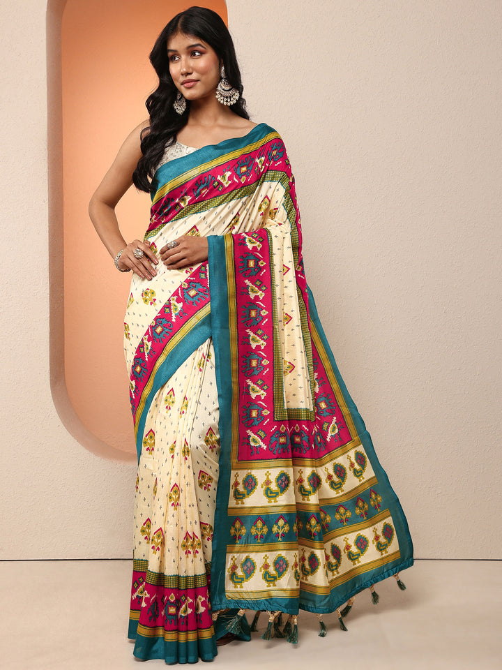 Off White Printed Silk Blend Saree With Unstitched Blouse Piece