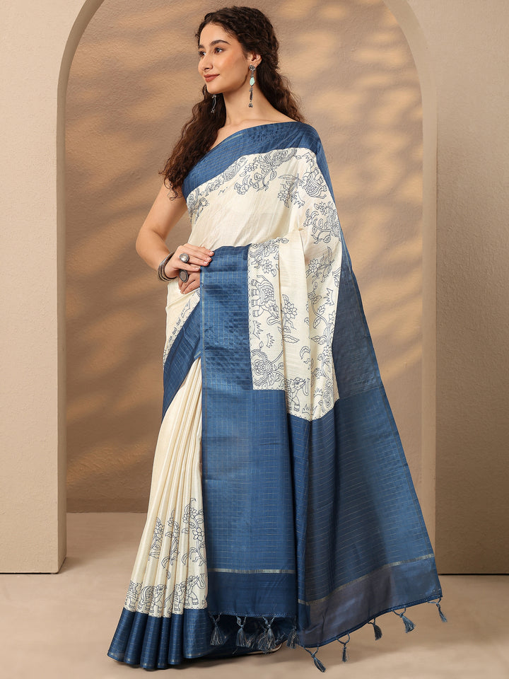Off White Printed Silk Blend Saree With Unstitched Blouse Piece