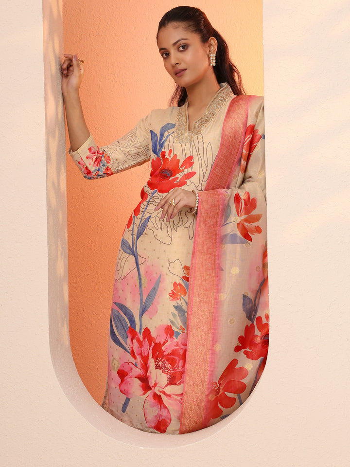 Off White Printed Silk Blend Straight Suit Set With Dupatta