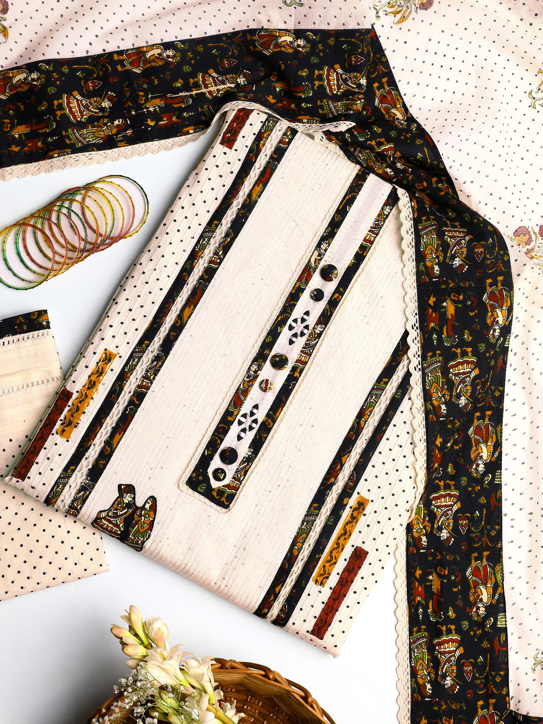 Off White Sequinced Cotton Dress Material With Dupatta