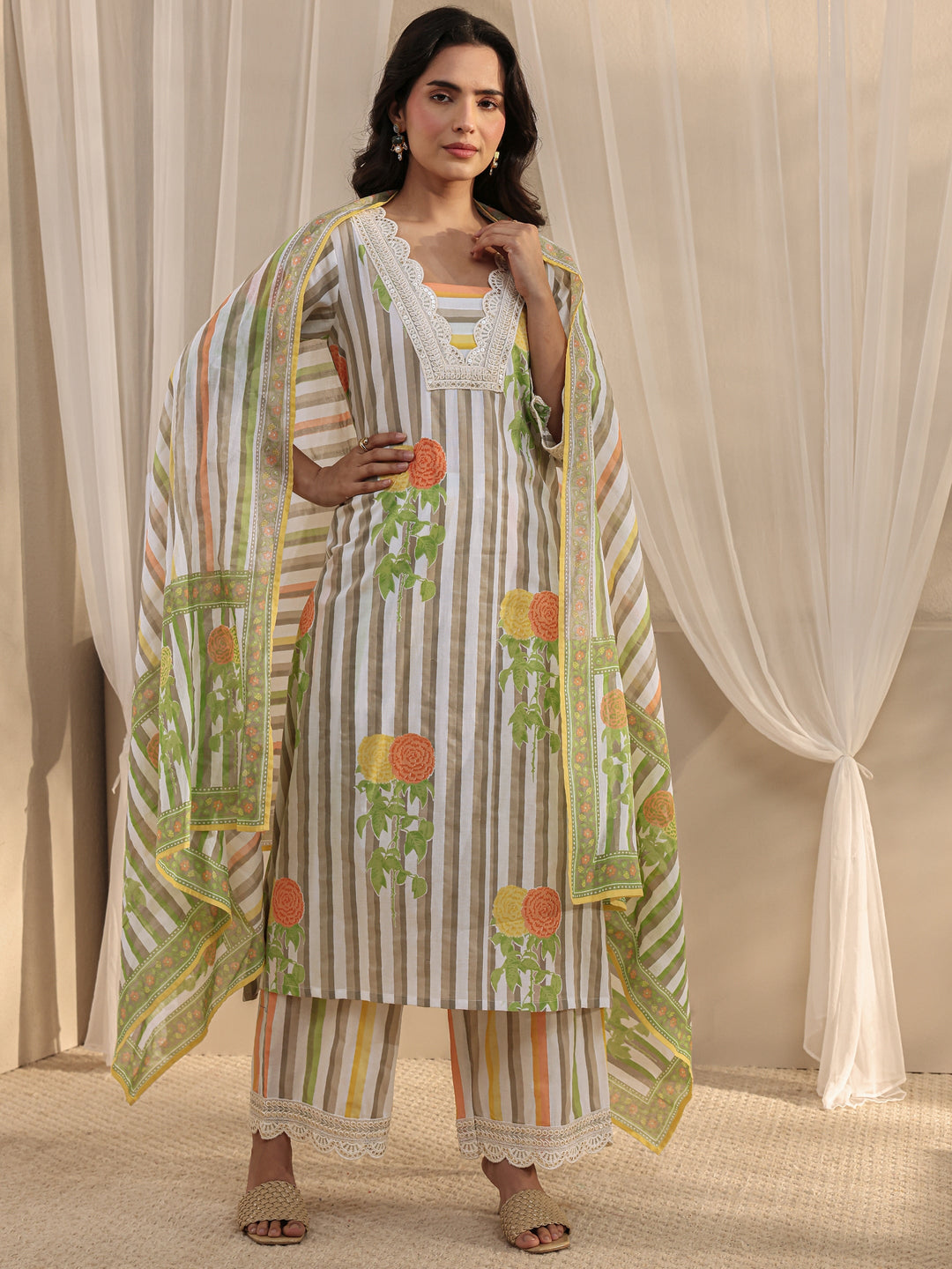 Off White Striped Printed Cotton A-Line Suit Set With Dupatta