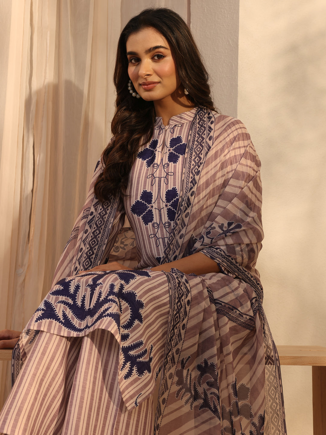 Off White Striped Printed Cotton Blend Straight Suits Set With Dupatta