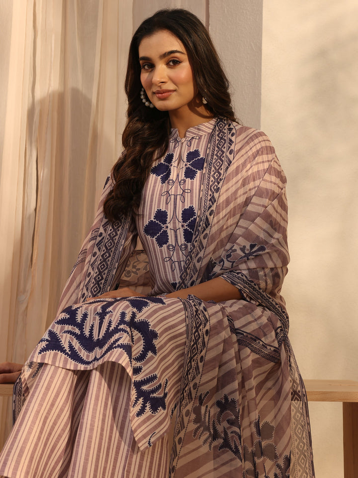 Off White Striped Printed Cotton Blend Straight Suits Set With Dupatta