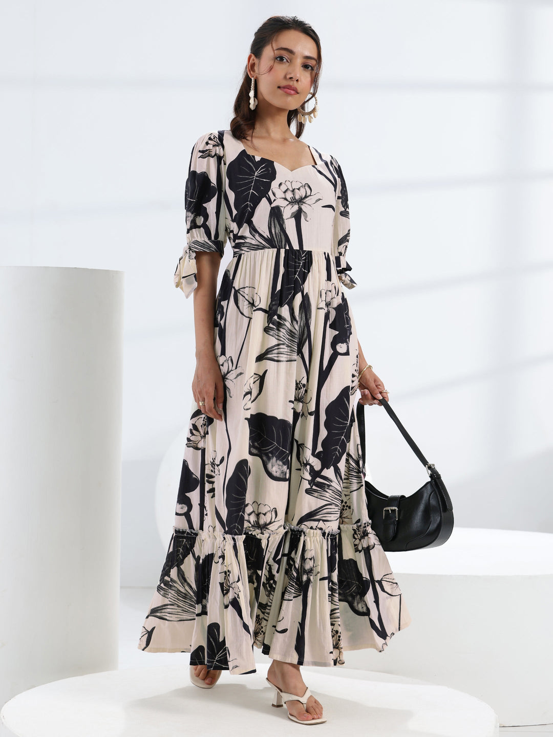 Off White Tropical Printed Cotton Fit-And-Flare One Piece Dress