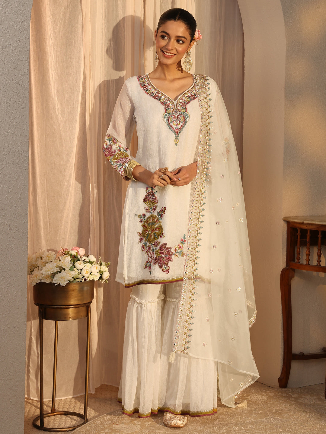 Off White Woven Design Chiffon Straight Suits Set With Dupatta