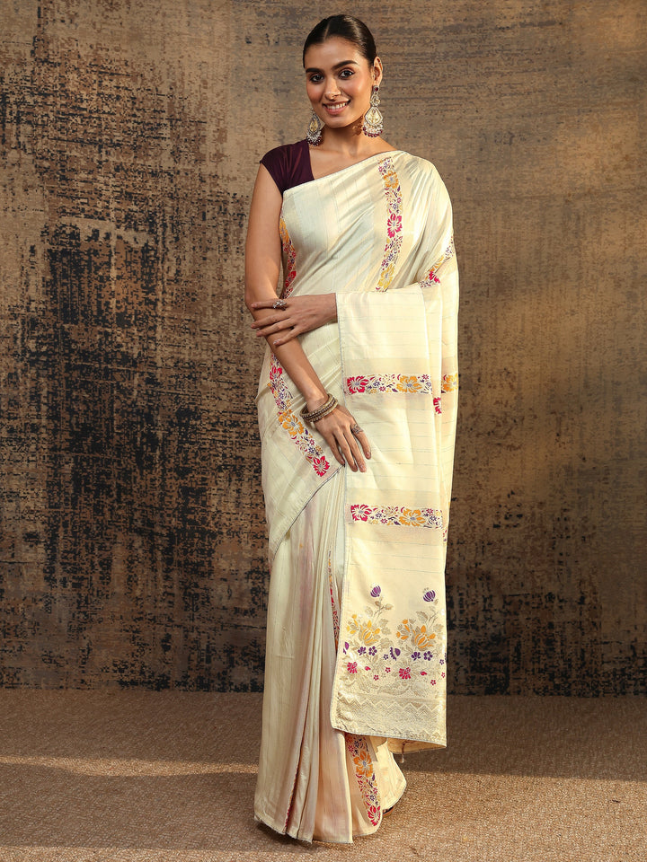 Off White Woven Design Silk Blend Saree With Unstitched Blouse Piece