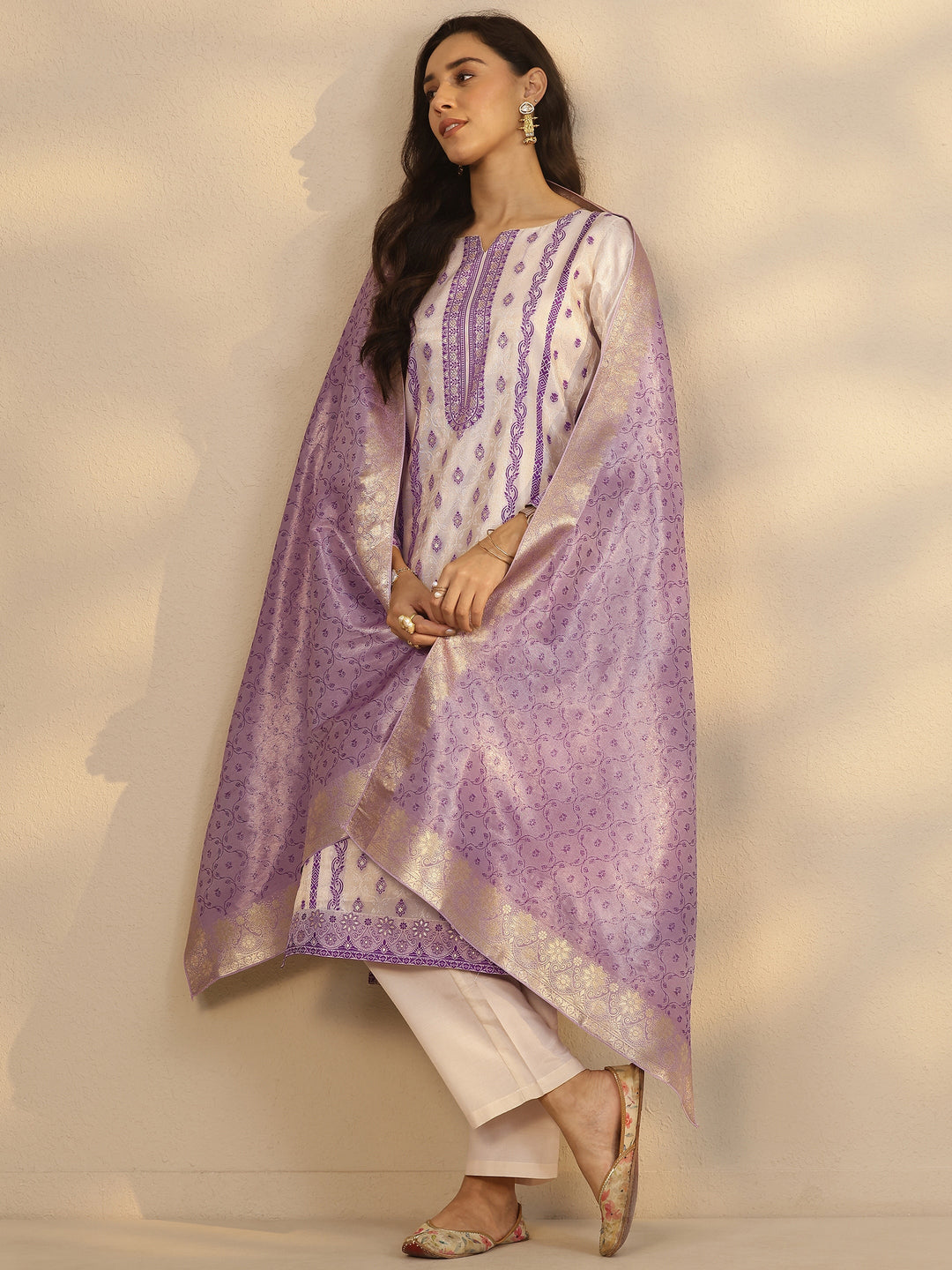 Off White Woven Design Silk Blend Straight Suit Set With Dupatta