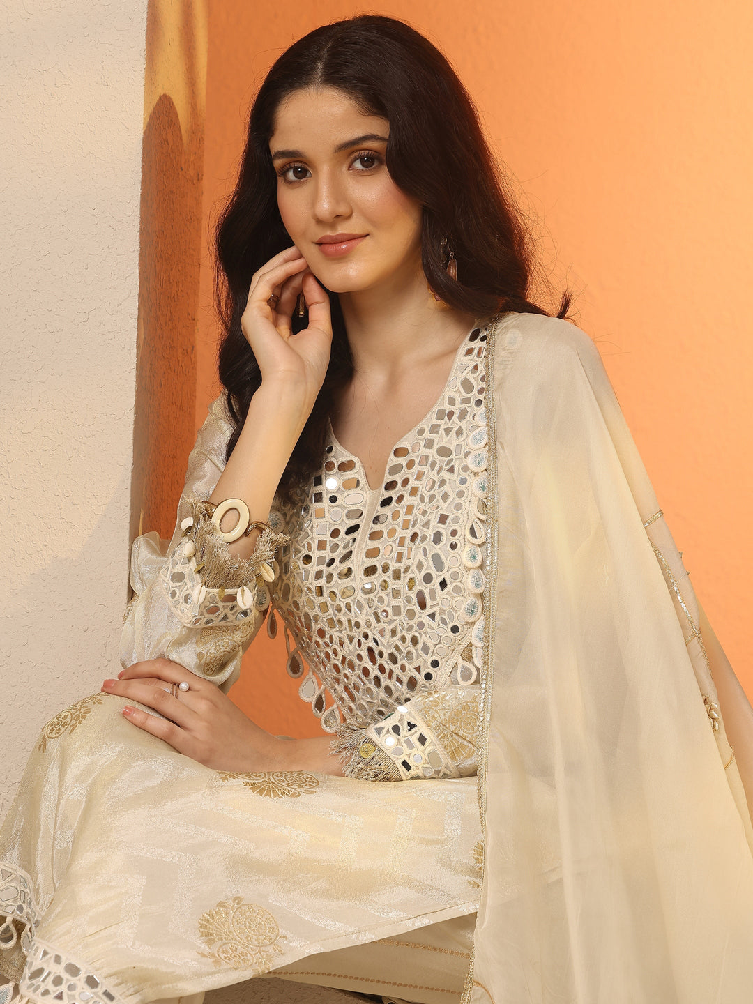 Off White Woven Design Silk Blend Straight Suit Set With Dupatta