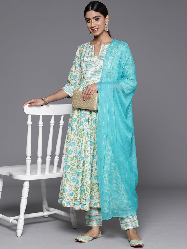 Off White Yoke Design Cotton Anarkali Kurta With Trousers & Dupatta - ShopLibas