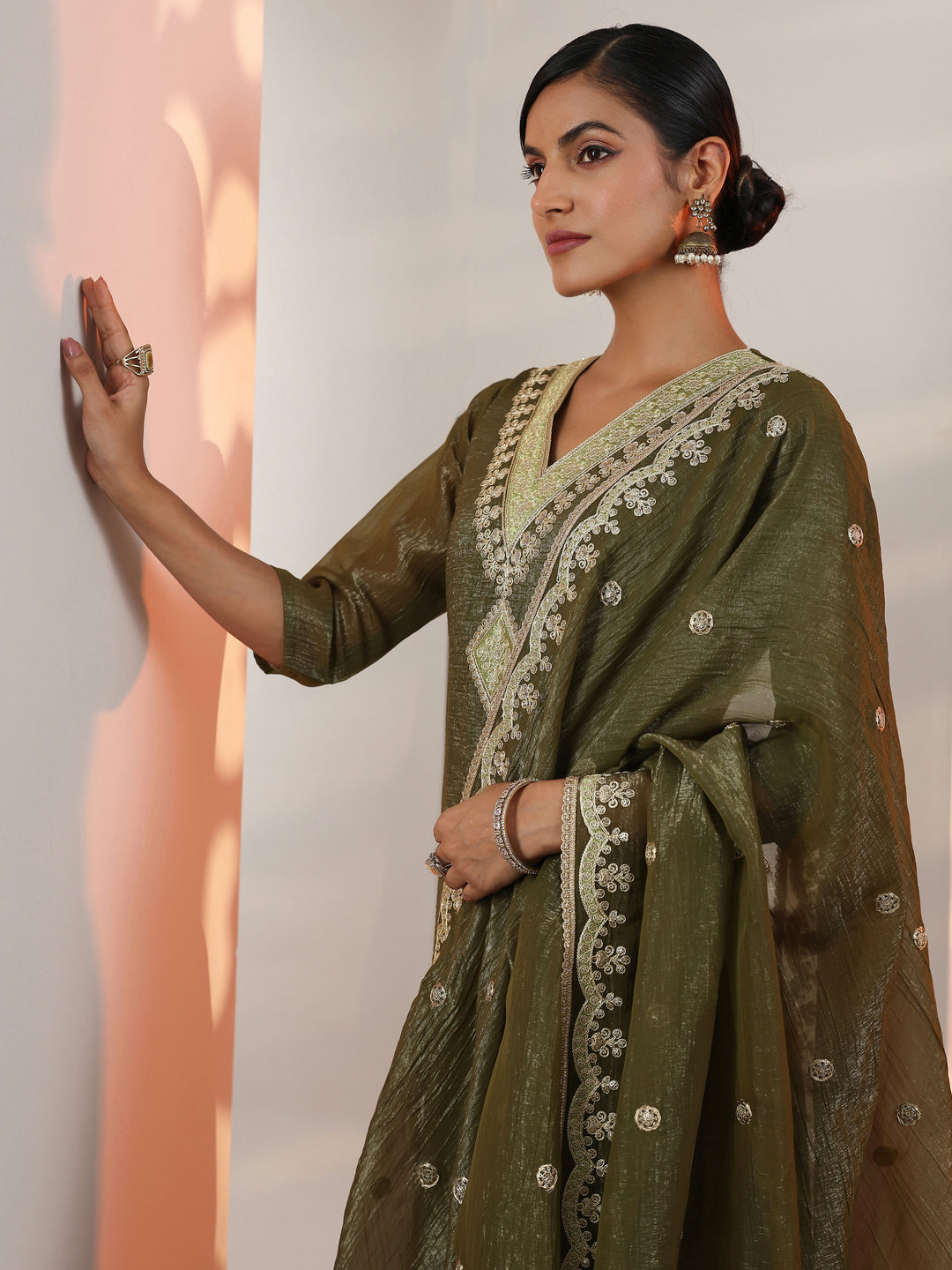 Olive Embroidered Chiffon Straight Suit Set With Dupatta