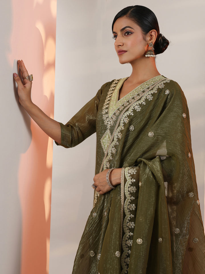 Olive Embroidered Chiffon Straight Suit Set With Dupatta