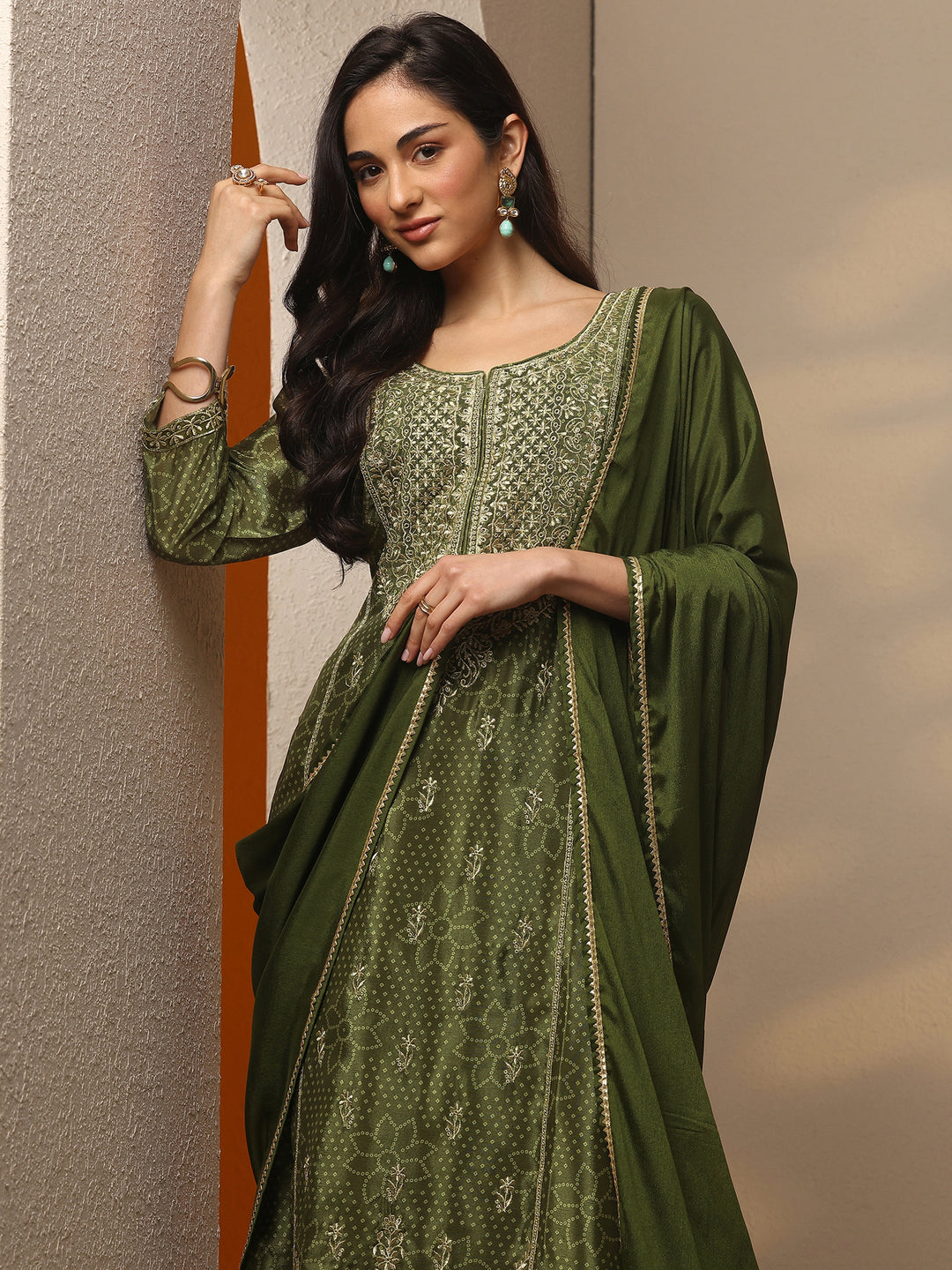Olive Embroidered Silk Blend Straight Suit Set With Dupatta