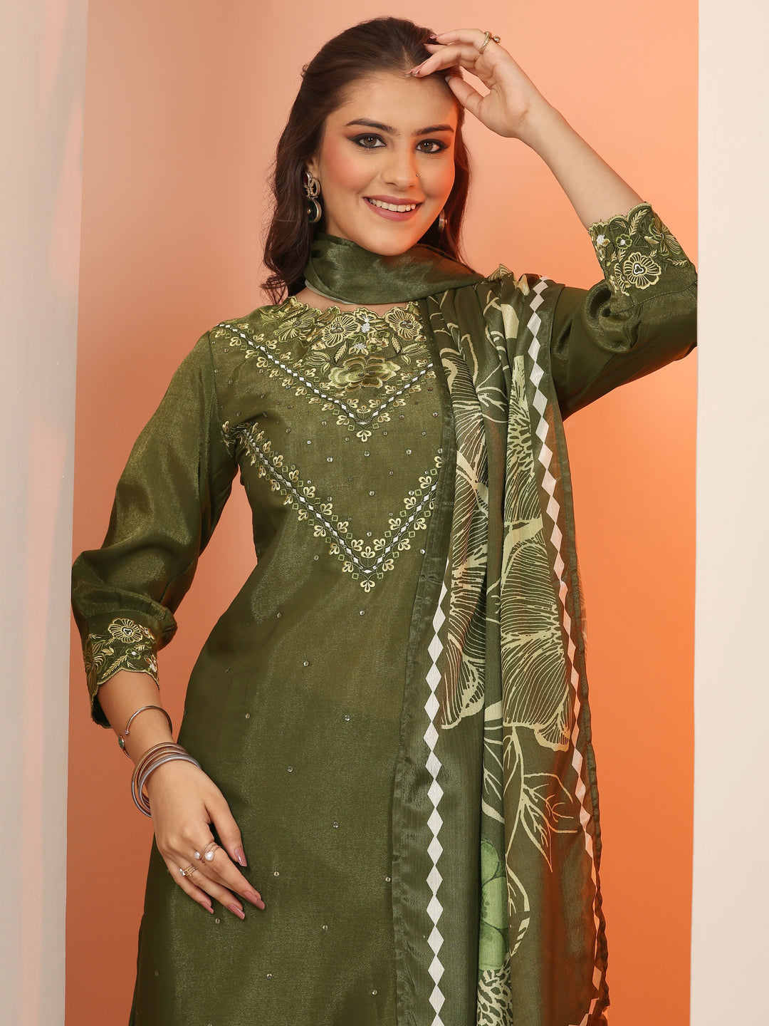 Olive Embroidered Silk Blend Straight Suit Set With Dupatta