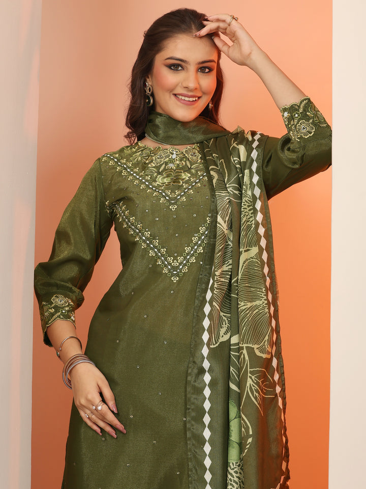 Olive Embroidered Silk Blend Straight Suit Set With Dupatta