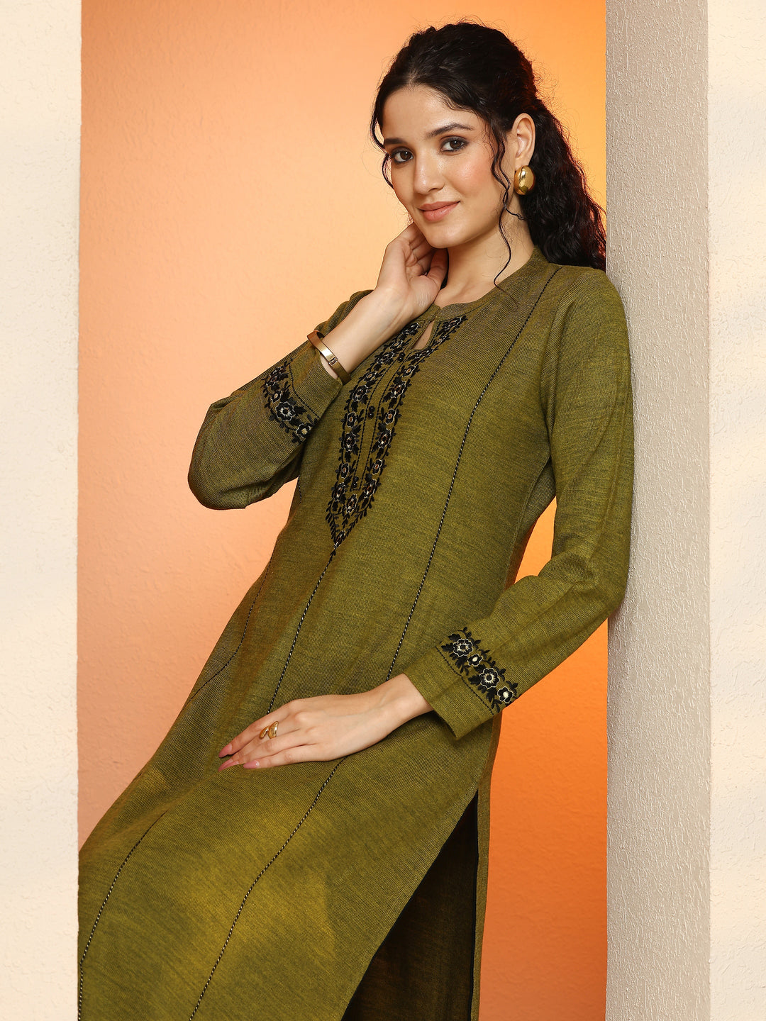 Olive Embroidered Wool Straight Kurta