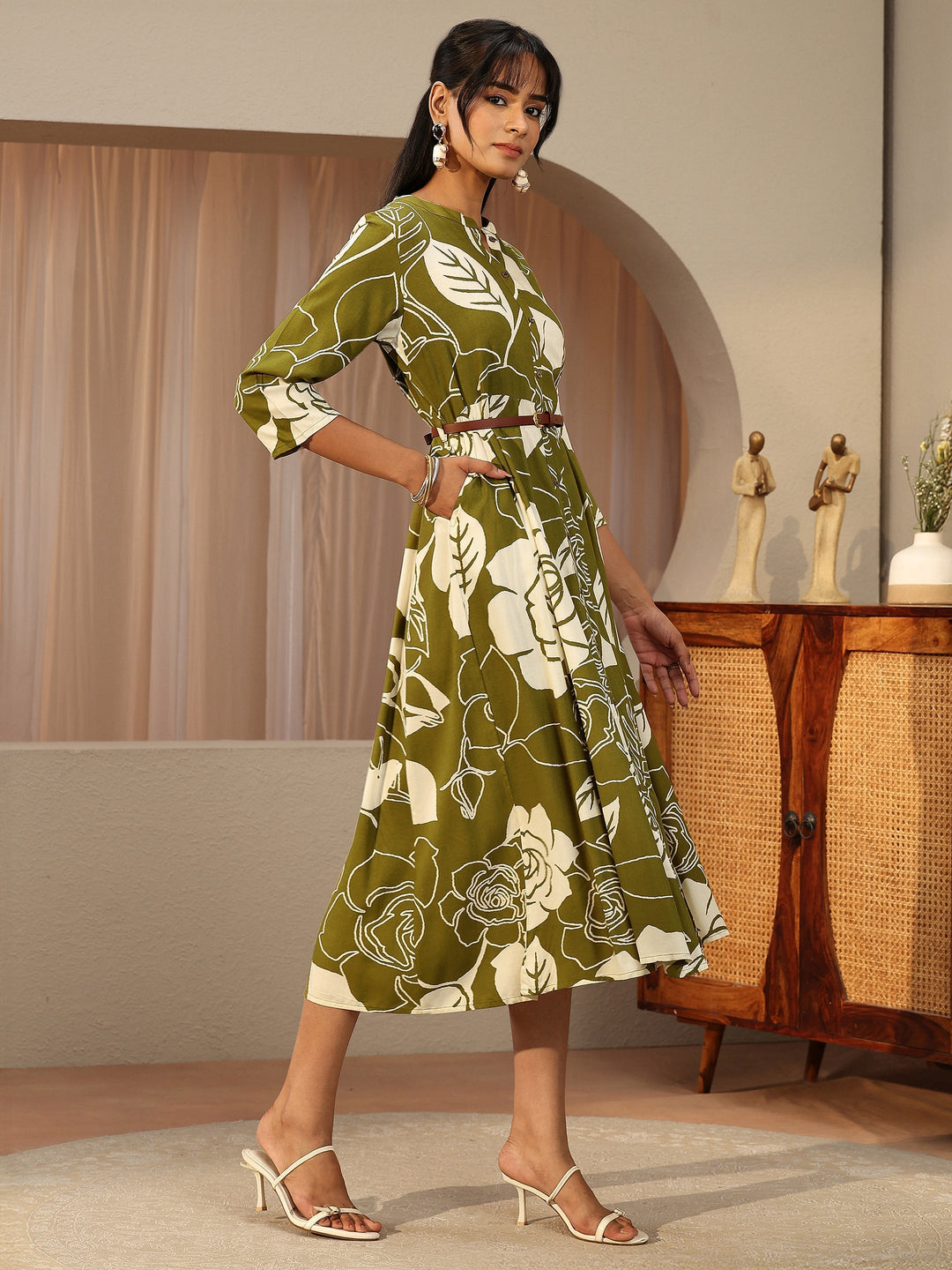 Olive Green Floral Printed Cotton Blend Shirt Dress