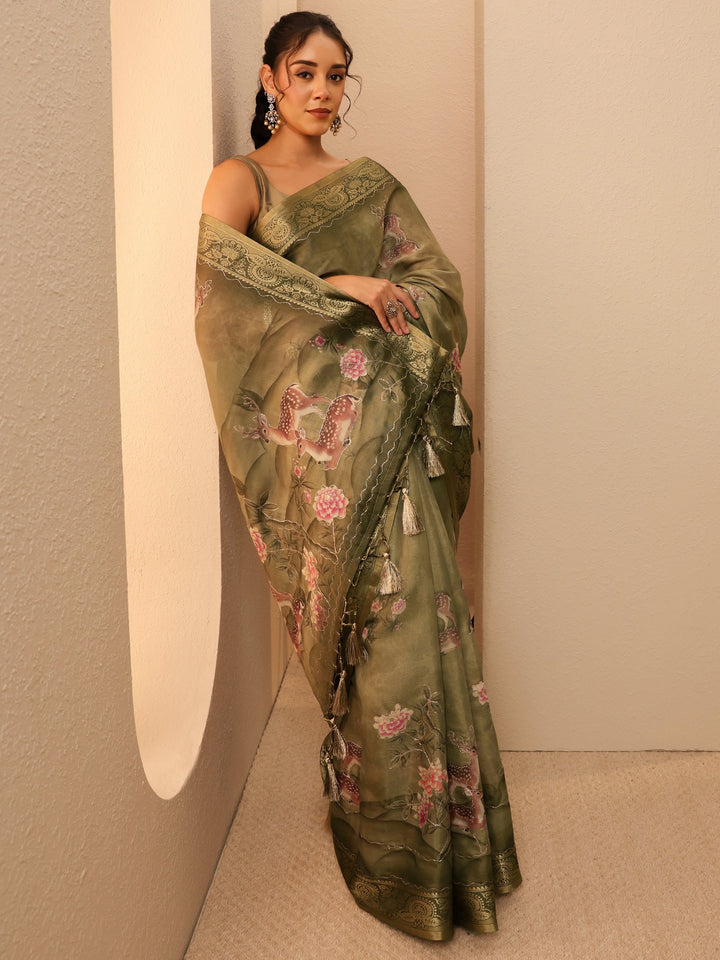 Libas Olive Green Floral Printed Silk Blend Saree