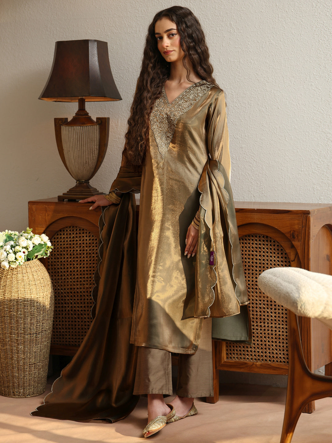 Olive Green Yoke Design Tissue Straight Suit Set