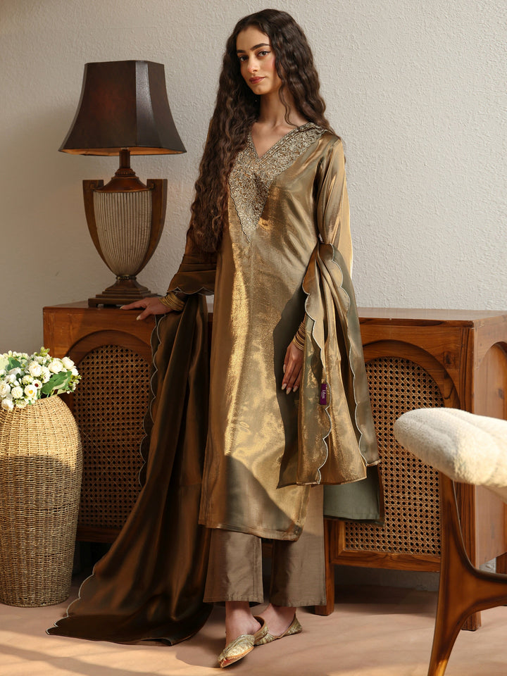 Olive Green Yoke Design Tissue Straight Suit Set