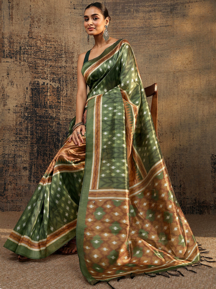 Olive Ikat Printed Silk Saree With Unstitched Blouse Piece