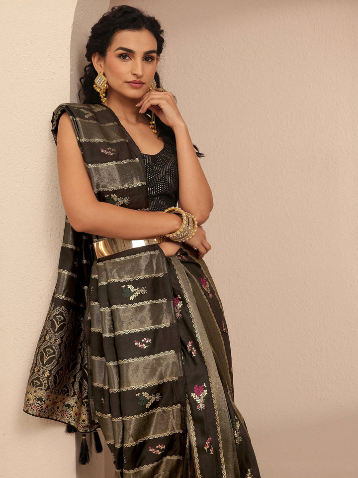 Olive Ikat Woven Design Silk Blend Saree With Unstitched Blouse Piece