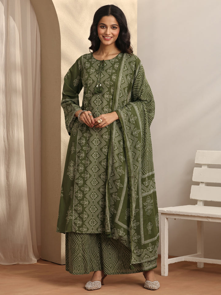Olive Printed Cotton Straight Suit Set With Dupatta