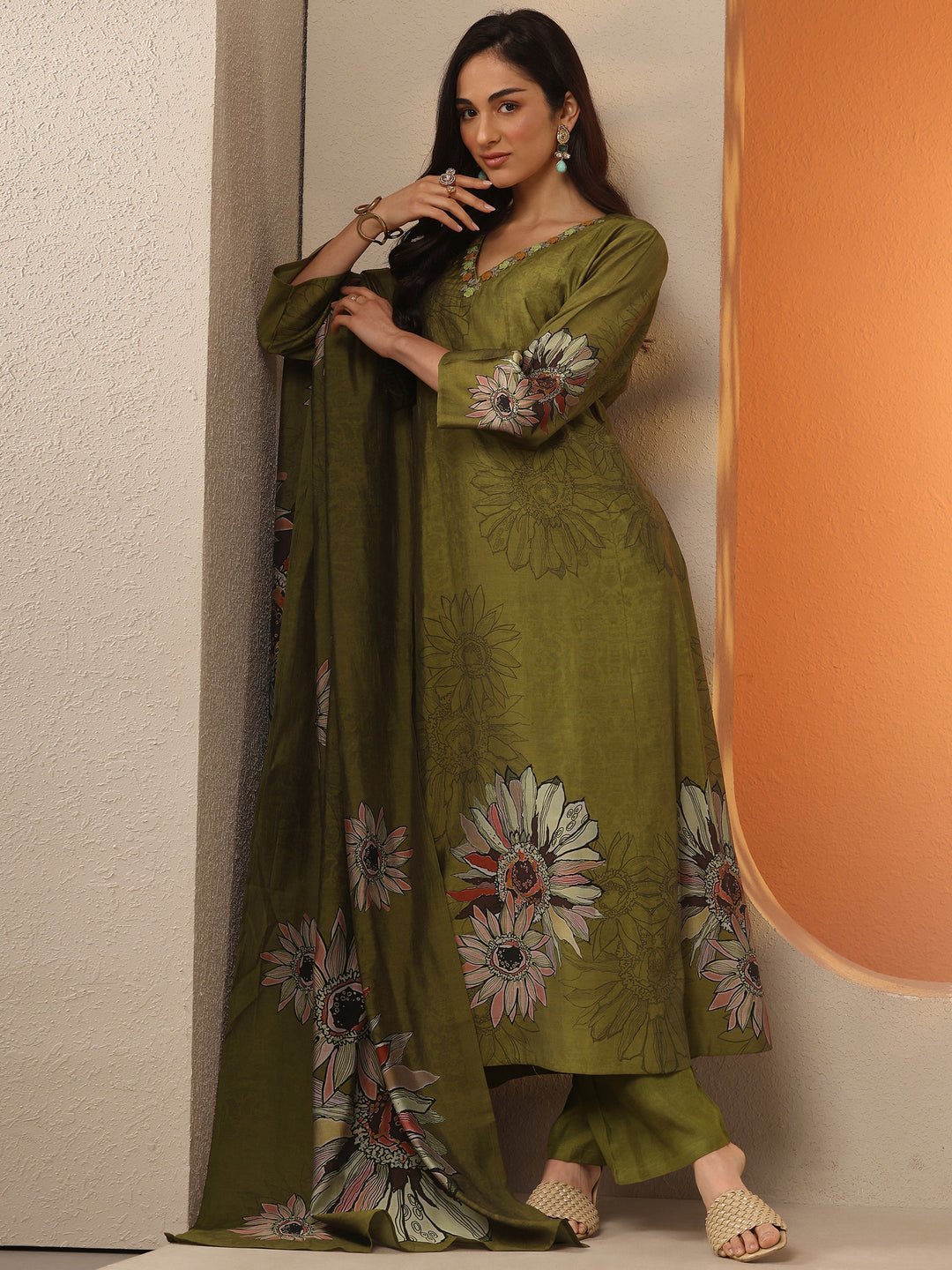 Olive Printed Silk Blend A-Line Suit Set With Dupatta