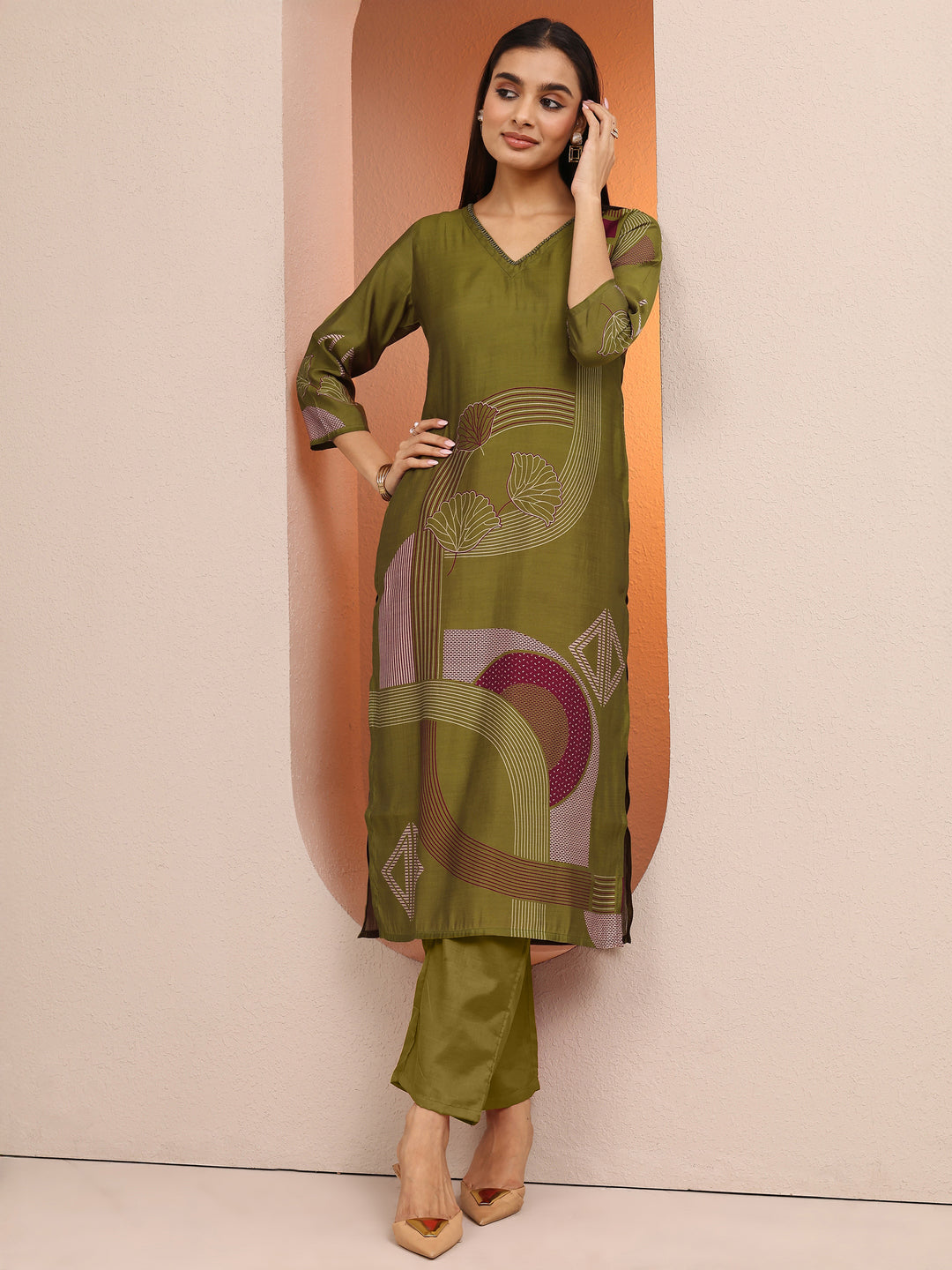 Olive Printed Silk Blend Straight Kurta