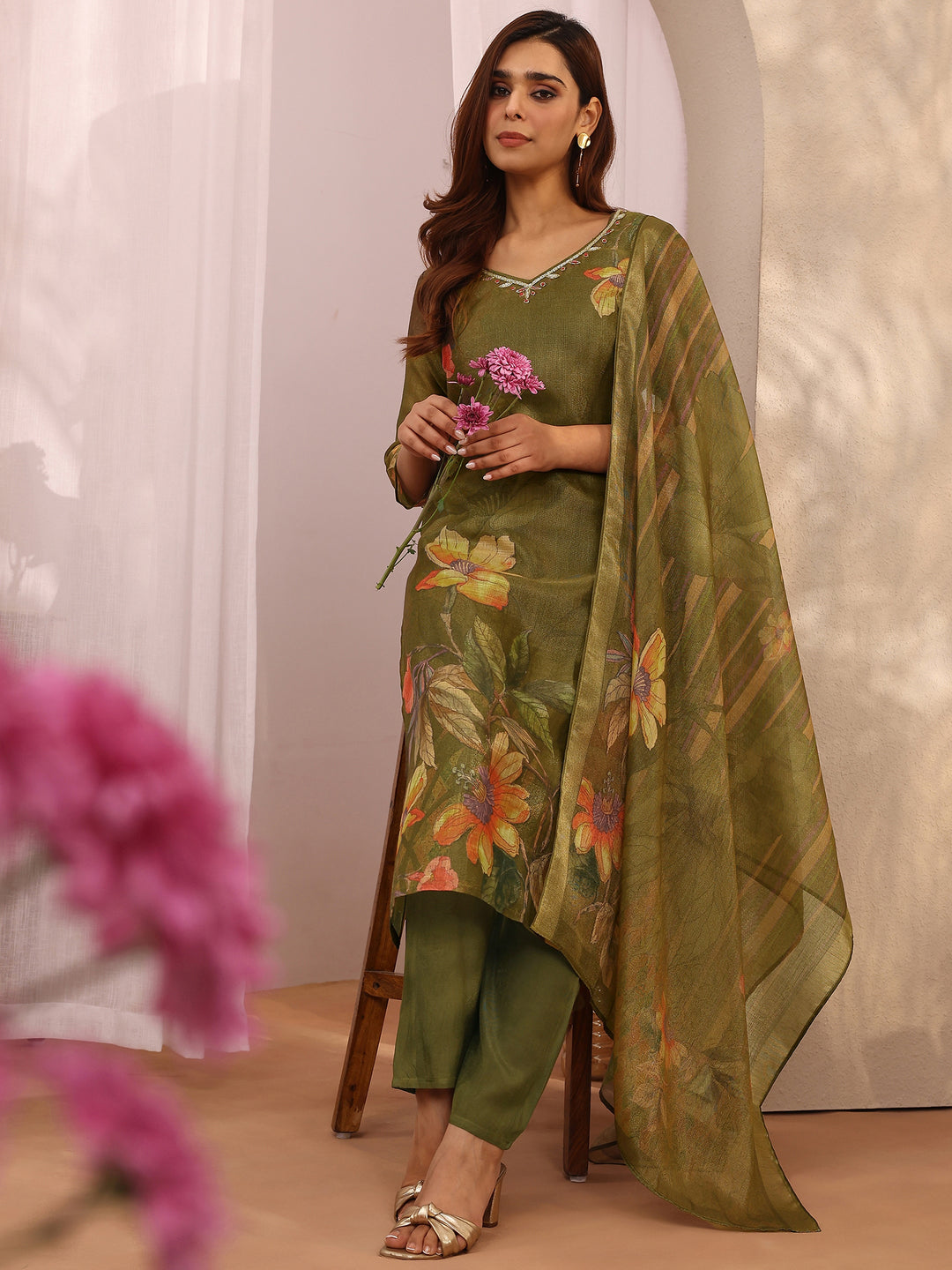 Olive Printed Silk Blend Straight Suit Set With Dupatta