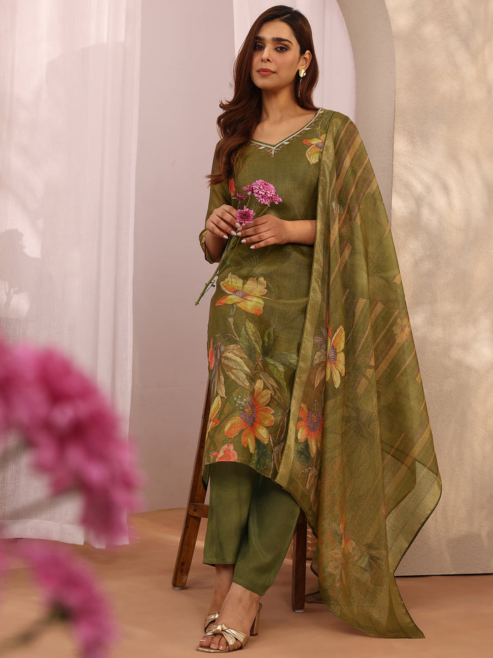Olive Printed Silk Blend Straight Suit Set With Dupatta