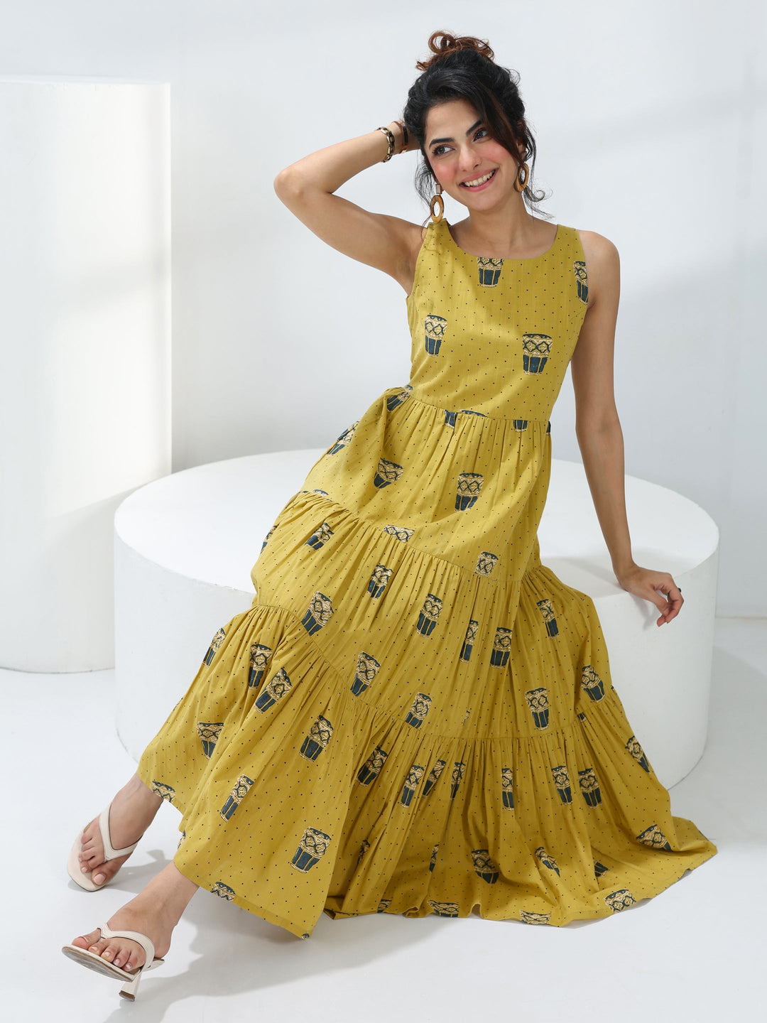 Olive Quirky Printed Cotton Fit-And-Flare One-Piece Tiered Dress
