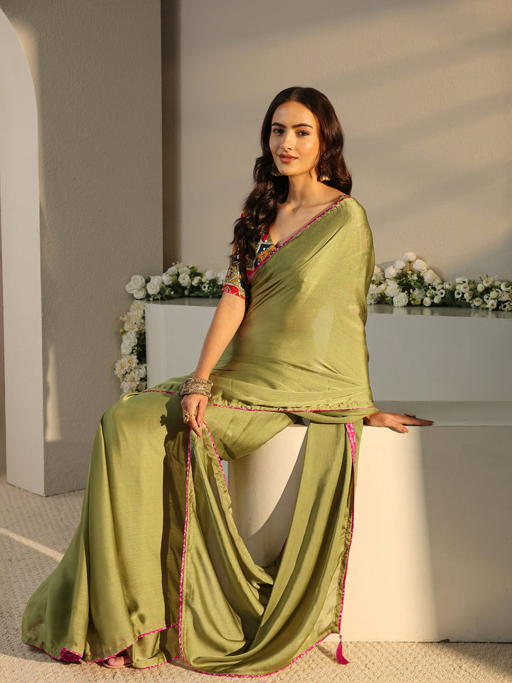 Olive Solid Chiffon Saree With Unstitched Blouse Piece