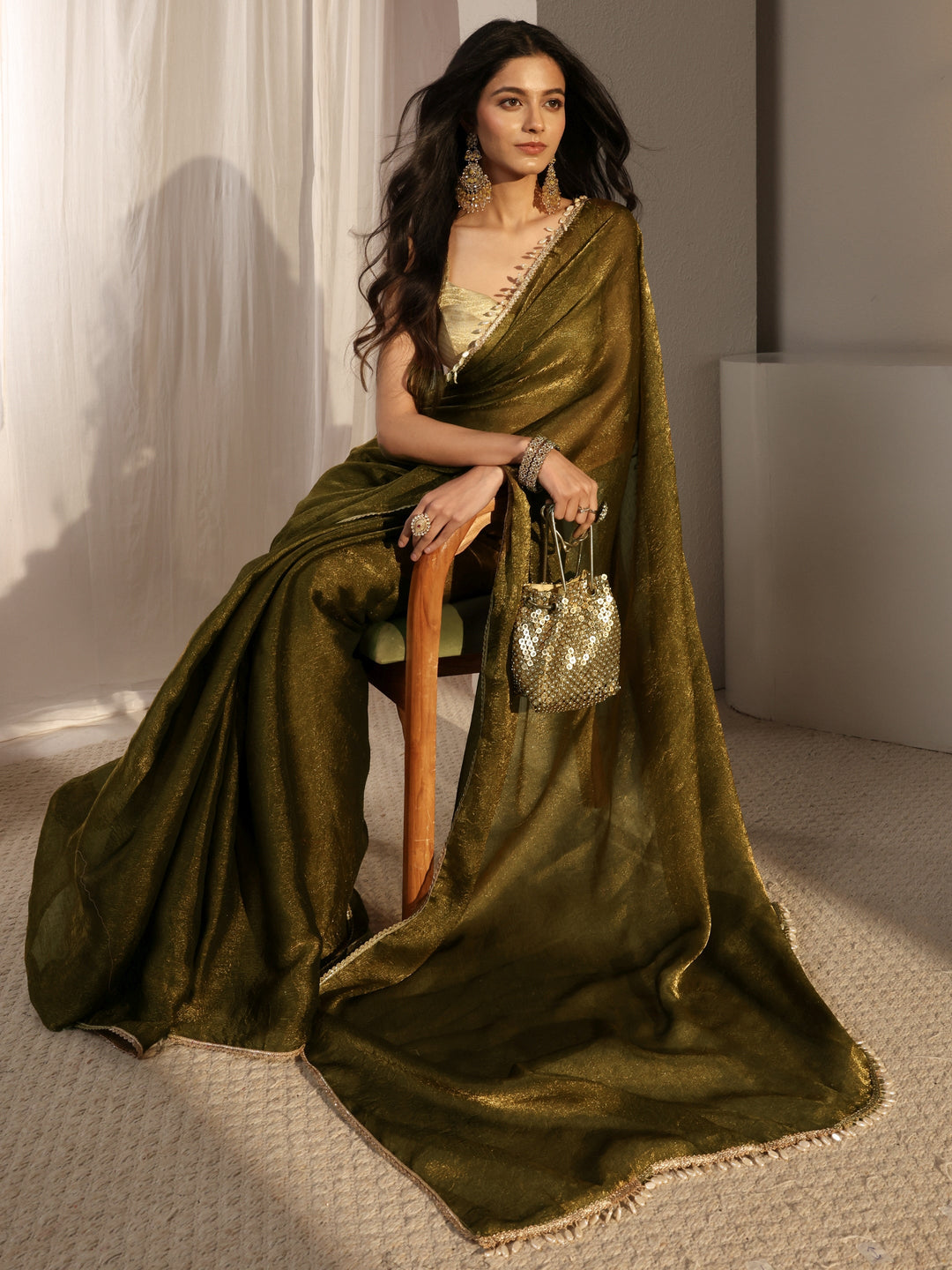 Olive Solid Tissue Saree With Unstiched Blouse Piece