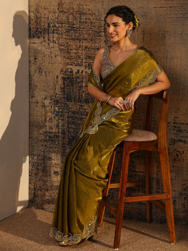 Olive Solid Tissue Saree With Unstitched Blouse Piece