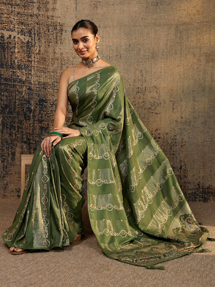 Olive Woven Design Silk Blend Saree With Unstitched Blouse Piece