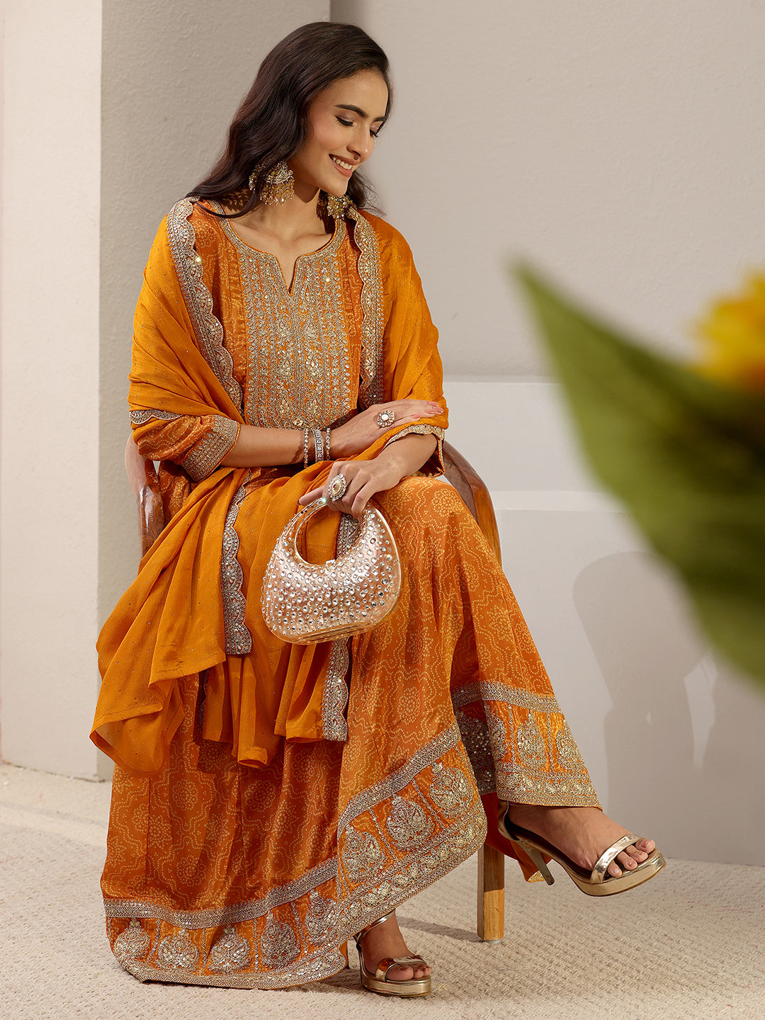 Orange Bandhani Printed Chinon Anarkali Suit Set With Dupatta
