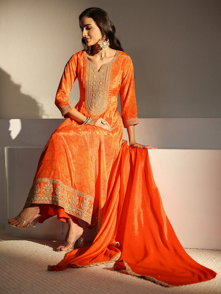 Orange Bandhani Printed Chinon Anarkali Suit Set With Dupatta