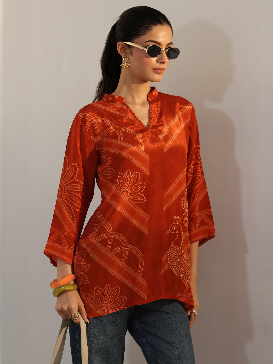 Orange Bandhani Printed Crepe Straight Short Kurti