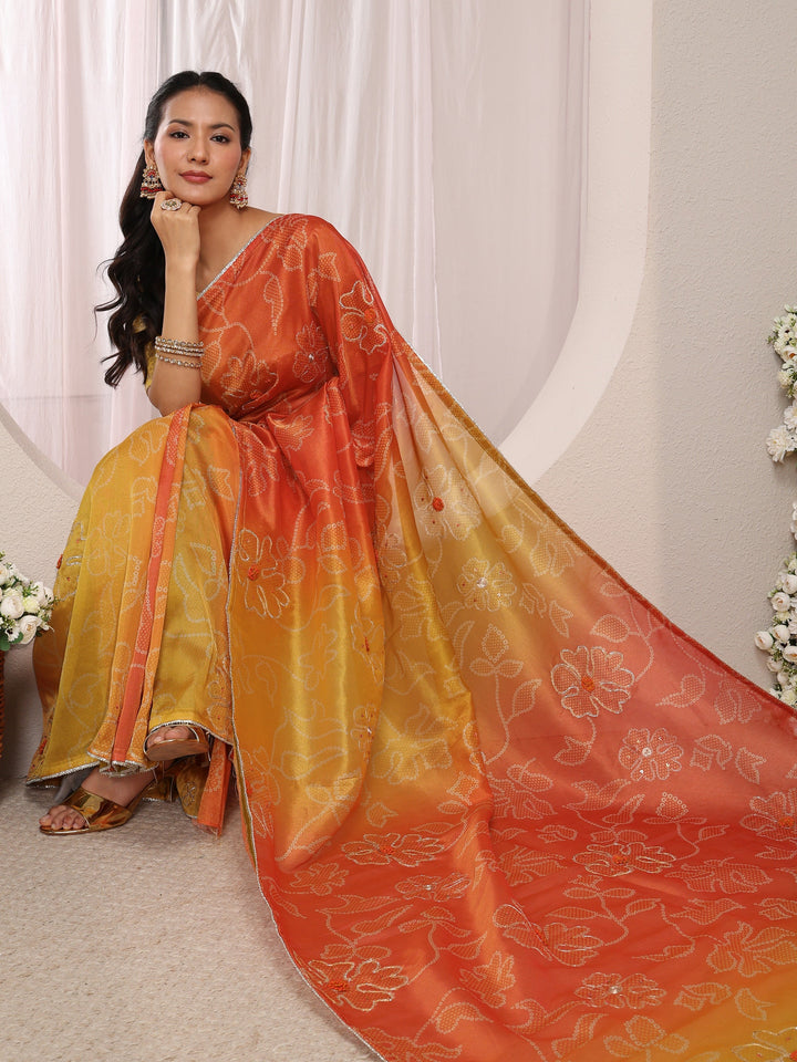 Orange Bandhani Printed Ombre Tissue Saree With Unstitched Blouse Piece