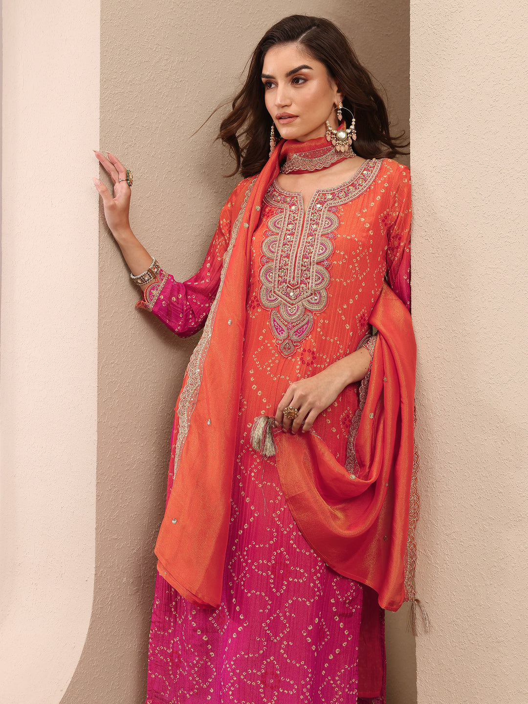 Orange Bandhani Printed Silk Blend Suit Set With Dupatta