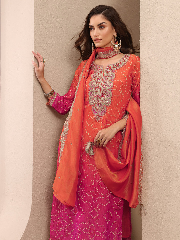 Orange Bandhani Printed Silk Blend Suit Set With Dupatta