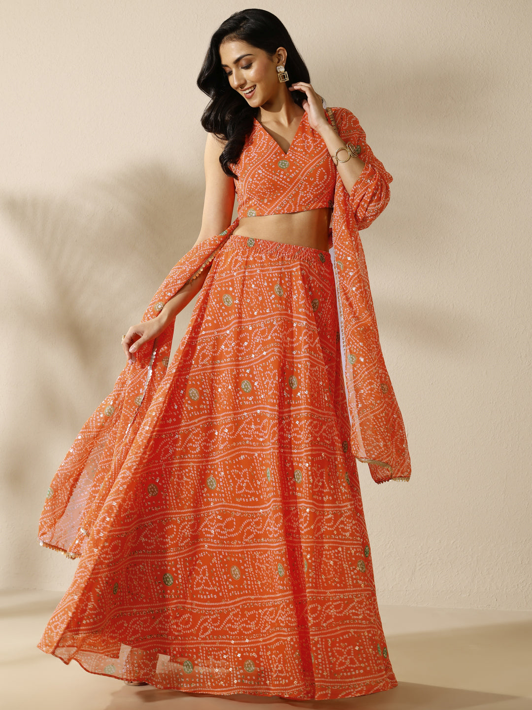 Orange Bandhani Printed Silk Chiffon Lehenga Set